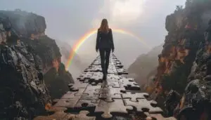 scarcity thinking businesswoman crossing bridge