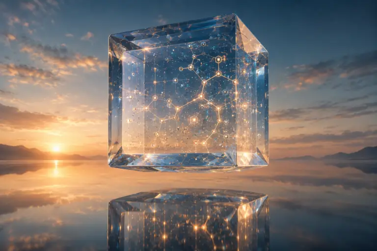 Floating crystal cube in serene landscape