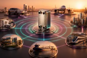 Futuristic industry network in sunset glow
