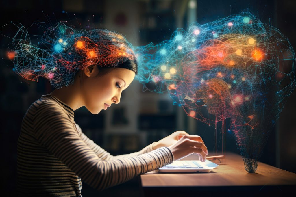 A woman using a neural interface device for computing, highlighting advancements in biotechnology and the onset of the singularity, future of brain-computer interaction