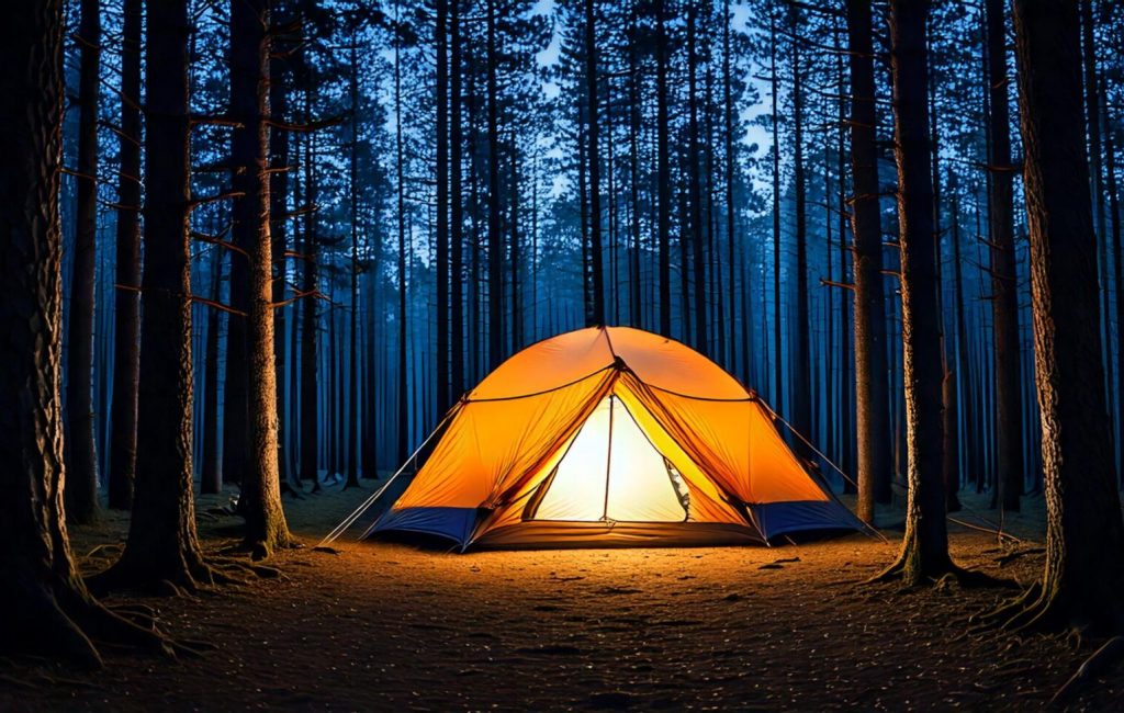 Firefly A glowing illuminated tent surrounded by tall trees in a dark forest, with soft light radiat