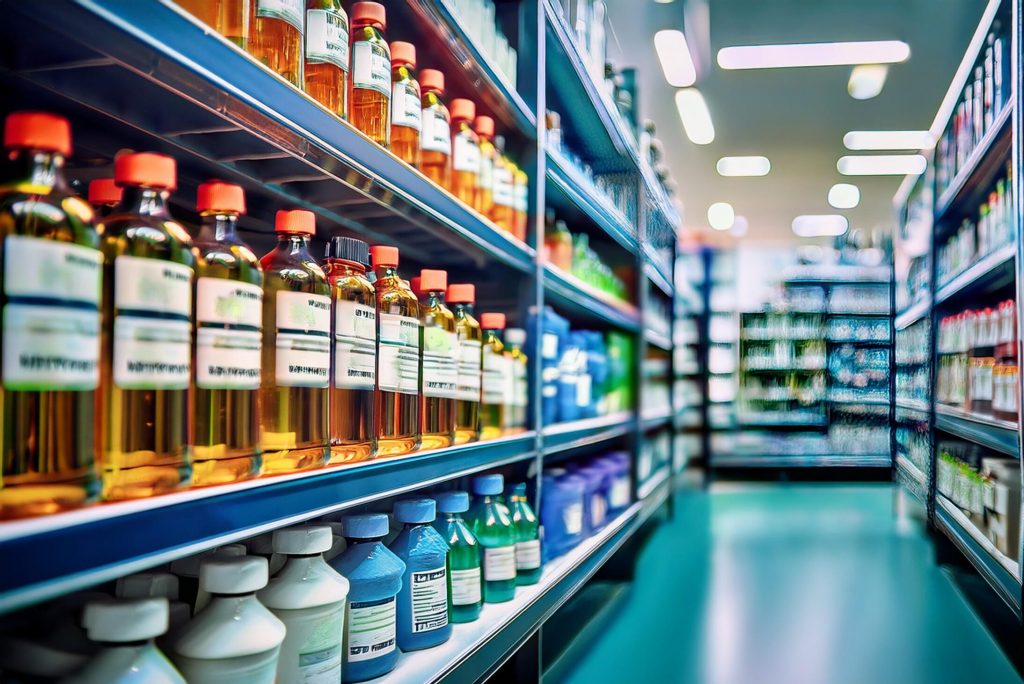Firefly close up of shelves of branded chemicals 50932